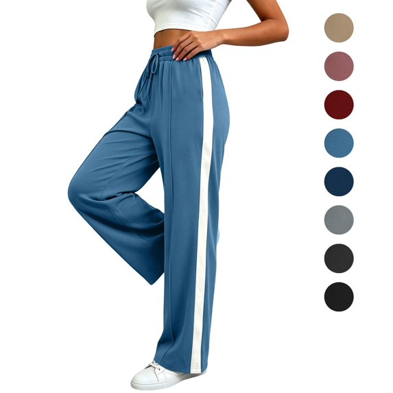 Sahpxhe Athletic Wide Leg Pants for Women Drawstring Elastic Waist Side Stripe Sweatpants with Pockets Casual Sport Track Pants Blue XXL