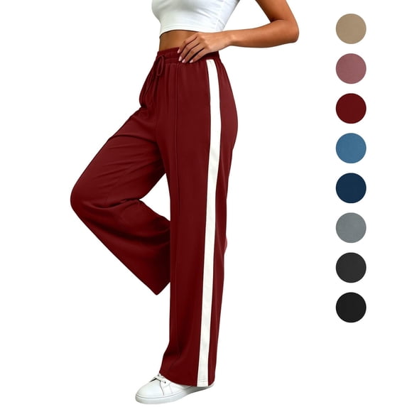 Sahpxhe Athletic Wide Leg Pants for Women Drawstring Elastic Waist Side Stripe Sweatpants with Pockets Casual Sport Track Pants Wine L