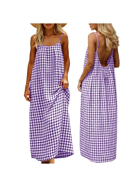 Backlesss Maxi Dress for Women Sleeveless Cami Sundress Checkered Cotton Linen Long Dress for Summer Beach Purple XXL