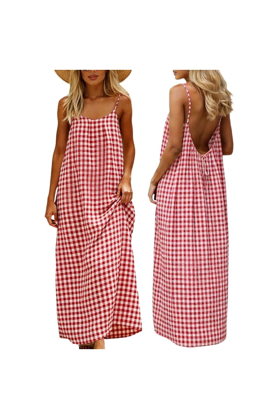 Backlesss Maxi Dress for Women Sleeveless Cami Sundress Checkered Cotton Linen Long Dress for Summer Beach Red L