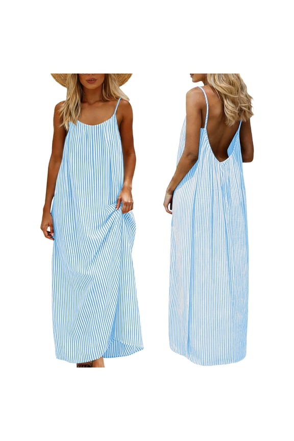 Backlesss Maxi Dress for Women Sleeveless Cami Sundress Striped Cotton Linen Long Dress for Summer Beach Sky Blue S