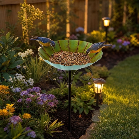 Sahpxhe Bird Bath for Outside, Metal Leaf Shape Feeder with Ground Stake All Weather Bird Bath for Garden or Yard Courtyard Green