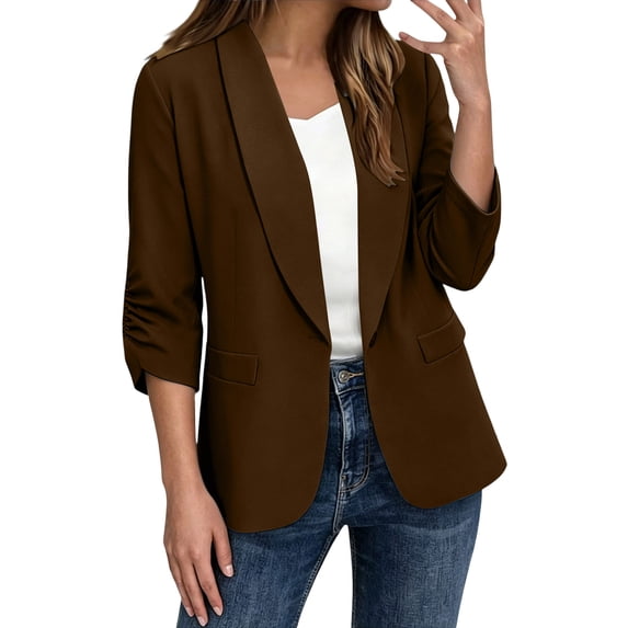 Sahpxhe Blazers for Women Shawl Collar Ruched 3/4 Sleeve One Button Casual Blazer Dressy Work Business Suit Jacket Brown L