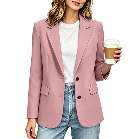 Sahpxhe Blazers for Women Two Button Notched Lapel Long Sleeve Lined Formal Suit Jacket with Padded Shoulder for Office Work Pink M