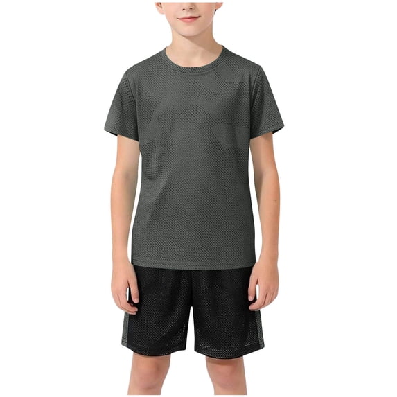 Sahpxhe Boys 2 Piece Sports Outfits Set Short Sleeve Crew Neck Tee & Shorts Quick Dry Athletic Running Set for Kids Dark Gray 12-13 Years