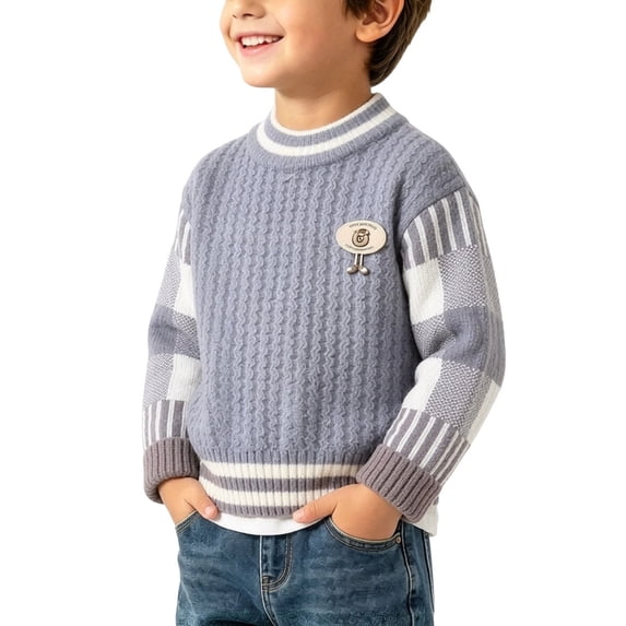 Sahpxhe Boys Sweater Crew Neck Plaid Long Sleeve Knit Sweater Kids Warm Winter Casual Pullover Top with Bear Patch Blue 9-10 Years