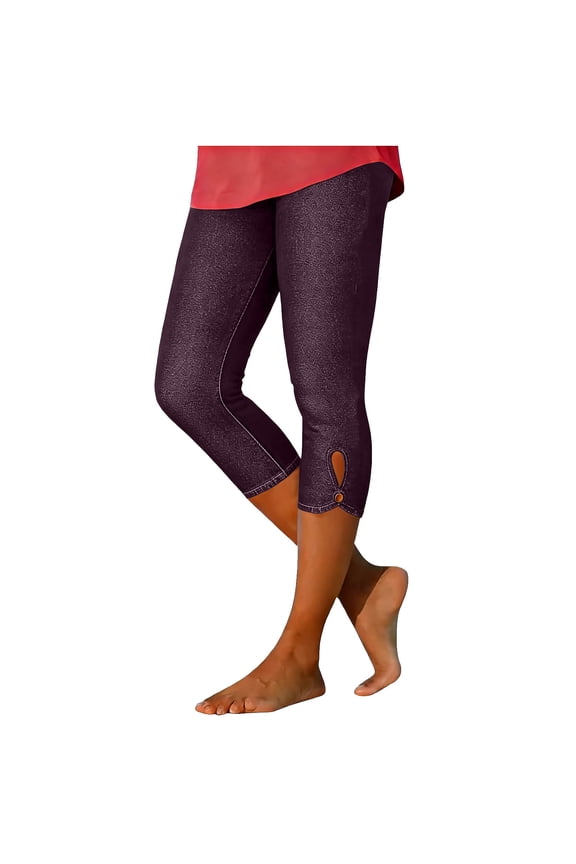 Capri Pants for Women Denim-Like Cropped Stretch Pants Summer Casual Pull on Jeggings with No Pocket Wine XXXL