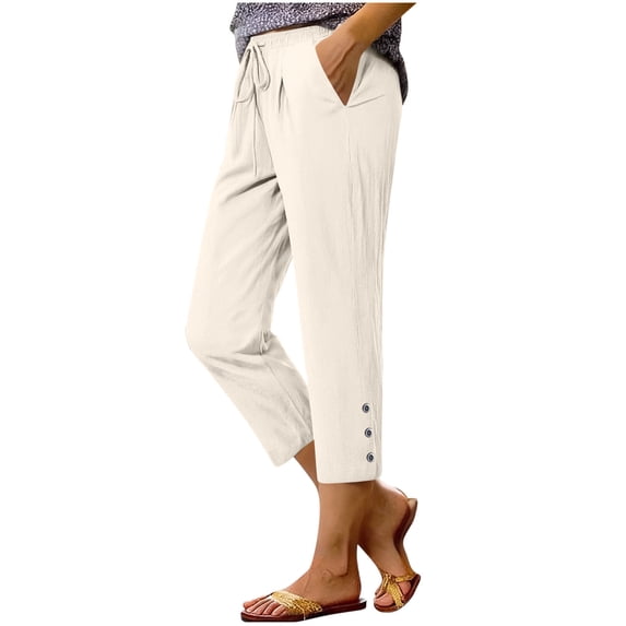 Sahpxhe Capris Pants for Women High Elastic Waist Cotton Linen Pants Casual Slim Fit Trendy Summer Vacation Pants with Pockets White M