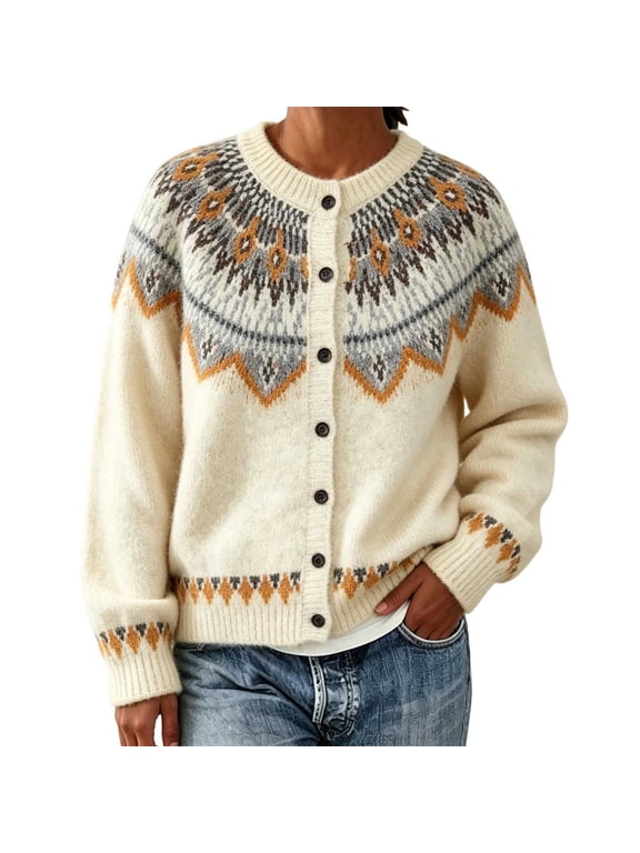 Cardigan Sweaters for Women Fair Isle Style Button Front Knit Cardigan Relaxed Fit Long Sleeve Vintage Soft Warm Sweater Jacket Orange M