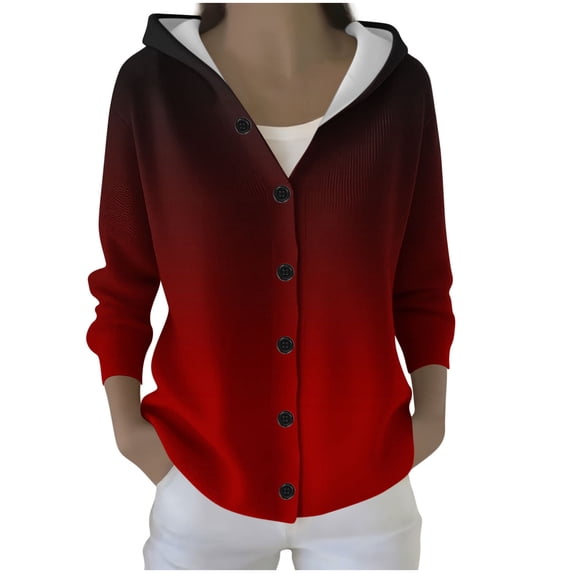 Sahpxhe Cardigan Sweaters for Women Hooded Gradient Long Sleeve Button down Knit Cardigan Casual Open Front Sweater Coat Wine M