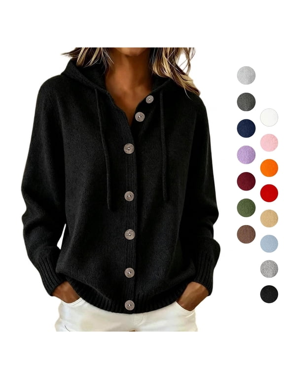Sahpxhe Cardigan Sweaters for Women Hooded Long Sleeve Loose Fit Button down Sweater Coat Fall Casual Warm Knit Outerwear Black S