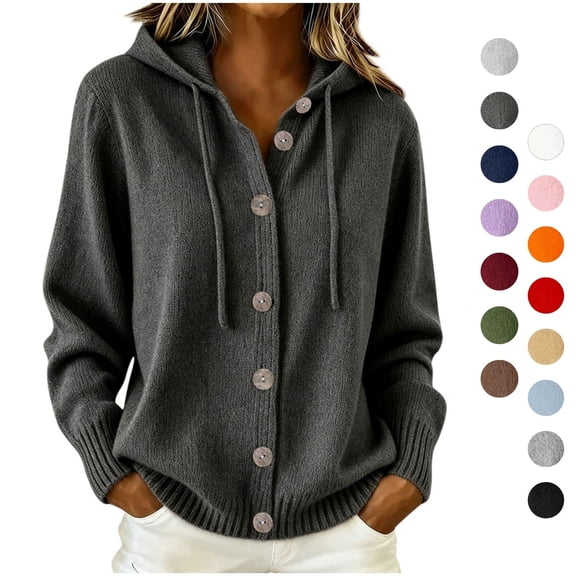 Sahpxhe Cardigan Sweaters for Women Hooded Long Sleeve Loose Fit Button down Sweater Coat Fall Casual Warm Knit Outerwear Dark Gray L