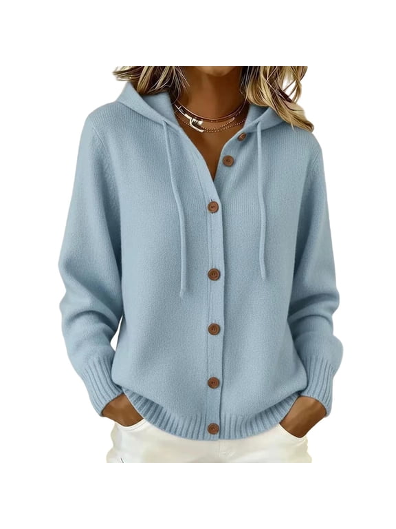 Cardigan Sweaters for Women Hooded Long Sleeve Loose Fit Button down Sweater Coat Fall Casual Warm Knit Outerwear Light Blue M