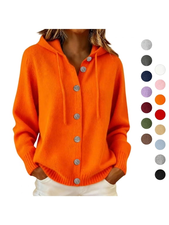 Cardigan Sweaters for Women Hooded Long Sleeve Loose Fit Button down Sweater Coat Fall Casual Warm Knit Outerwear Orange XXL