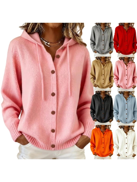 Cardigan Sweaters for Women Hooded Long Sleeve Loose Fit Button down Sweater Coat Fall Casual Warm Knit Outerwear Pink S