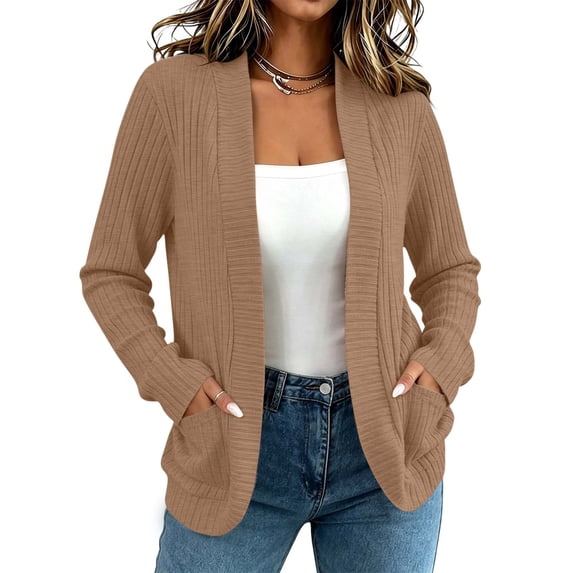 Sahpxhe Cardigan Sweaters for Women Open Front Long Sleeve Ribbed Knit Casual Outerwear with Pockets Relaxed Fall Layering Top Coffee S