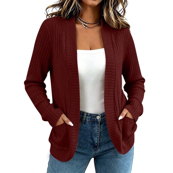 Sahpxhe Cardigan Sweaters for Women Open Front Long Sleeve Ribbed Knit Casual Outerwear with Pockets Relaxed Fall Layering Top Wine L