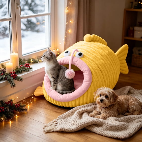 Sahpxhe Cat Bed, Angler Fish Shaped Warm Winter Plush Cave Pet Bed With Hanging Pom pom Toy For Indoor Cats And Small Dogs