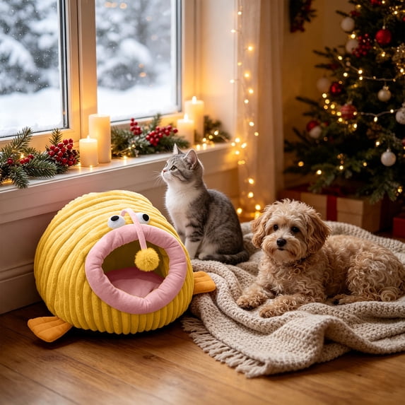 Sahpxhe Cat Bed, Angler Fish Shaped Warm Winter Plush Cave Pet Bed With Hanging Pom pom Toy For Indoor Cats And Small Dogs