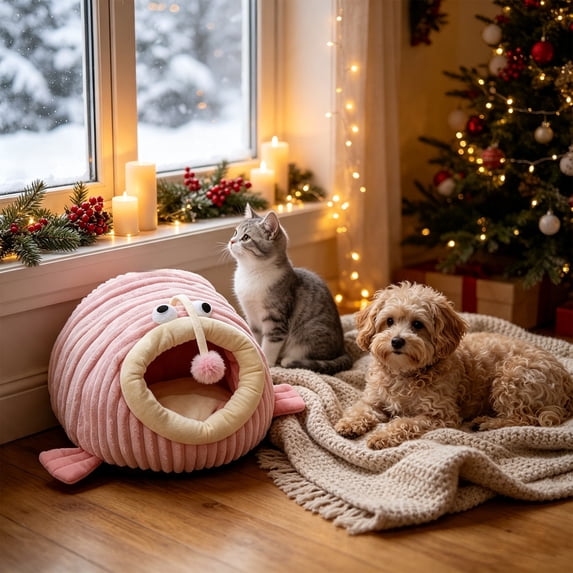 Sahpxhe Cat Bed, Angler Fish Shaped Warm Winter Plush Cave Pet Bed With Hanging Pom pom Toy For Indoor Cats And Small Dogs