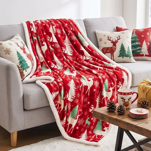 Sahpxhe Christmas Reversible Throw Blanket, Reindeer Pine Tree Snowflake Pattern Soft Warm Fluffy Blanket for Sofa Bed Indoor Home Decor