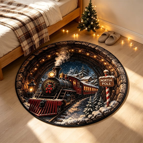 Sahpxhe Christmas Round Area Rug, 3D Optical Illusion Steam Train Tunnel Pattern Door Mat for Home Porch Indoor Holiday Decor