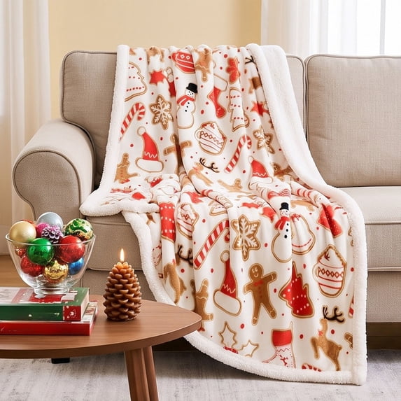 Sahpxhe Christmas Throw Blanket, Gingerbread Man Candy Cane Snowman Pattern Soft Warm Fluffy Blanket for Sofa Bed Indoor Home Decor