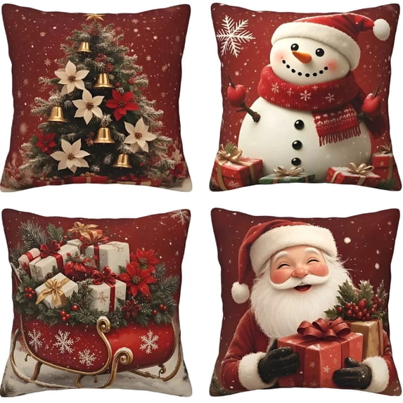 Sahpxhe Christmas Throw Pillow Cover 18X18 Set Of 4 Christmas Tree Santa Sleigh Pattern Soft Cushion Covers for Sofa Couch Home Decor
