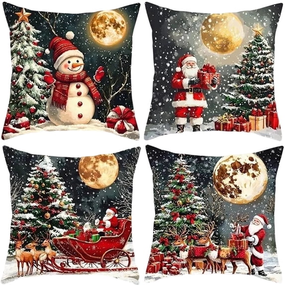 Sahpxhe Christmas Throw Pillow Cover 18X18 Set Of 4 Snow Scene Santa Reindeer Sleigh Pattern Soft Cushion Covers for Couch Home Decor