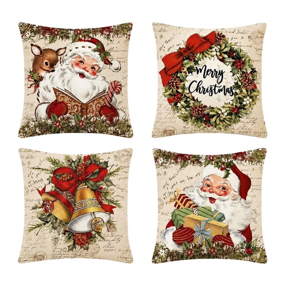 Sahpxhe Christmas Throw Pillow Cover 18X18 Set Of 4 Vintage Santa Wreath Golden Bells Pattern Soft Cushion Covers for Couch Home Decor