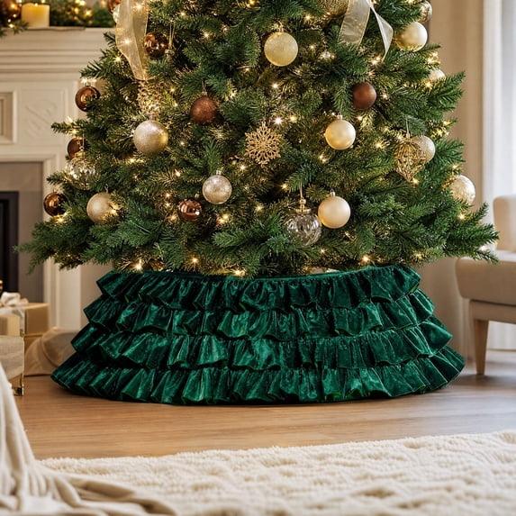 Sahpxhe Christmas Tree Collar, Vintage Multi Layer Ruffled Velvet Tree Base Skirt for Indoor Outdoor Home Holiday Decoration