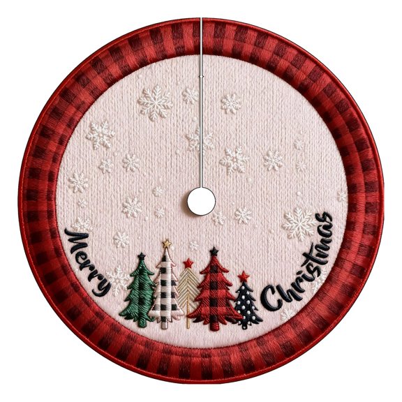 Sahpxhe Christmas Tree Skirt Buffalo Plaid Border Embroidered Xmas Trees Pattern Round Tree Base Mat for Indoor Home Party Decor