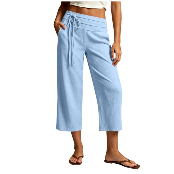 Sahpxhe Cotton Linen Loose Wide Leg Capris for Women Drawstring Elastic High Waist Casual Vacation Cropped Pants with Pockets Light Blue L