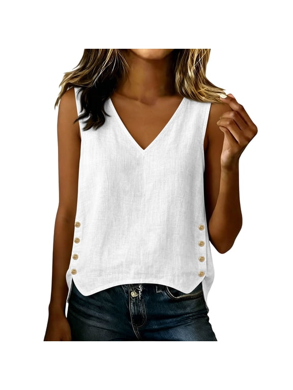 Cotton Linen Tank Tops for Women V-Neck Sleeveless Side Button High Low Hem Shirts Casual Dressy Blouse White L