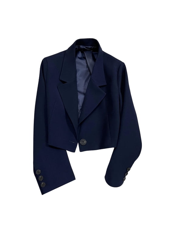 Cropped Blazers for Women Long Sleeve Notched Lapel One Button Suit Jacket Fitted Casual Trendy Commuter Officewear Navy L