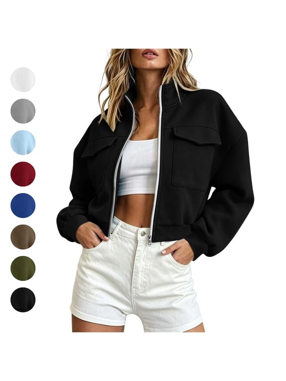 Cropped Fall Jackets Womens Zip Up Stand Collar Long Sleeve Casual Sweatshirt Lightweight Athletic Cozy Jacket Black S
