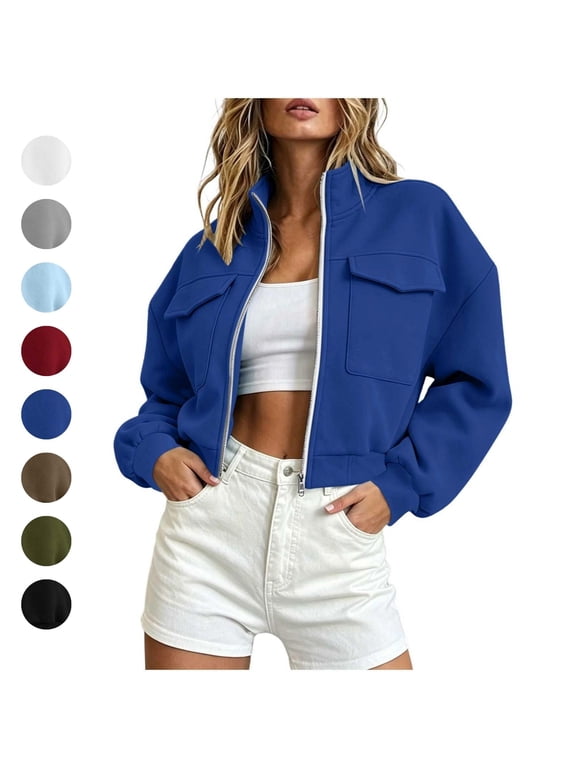 Cropped Fall Jackets Womens Zip Up Stand Collar Long Sleeve Casual Sweatshirt Lightweight Athletic Cozy Jacket Blue XL