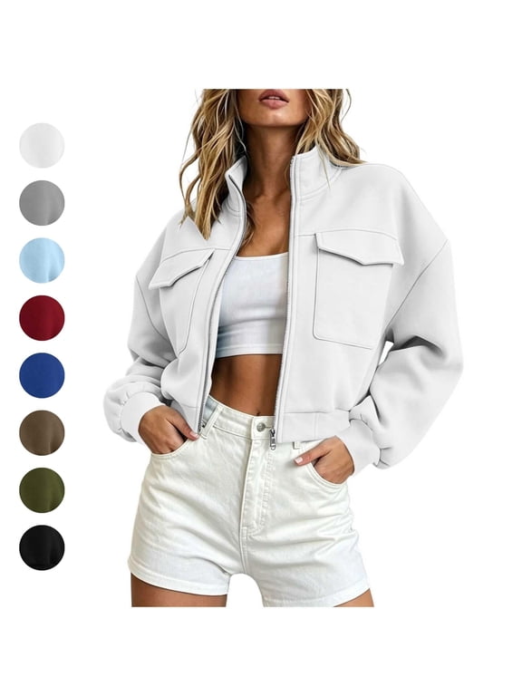 Cropped Fall Jackets Womens Zip Up Stand Collar Long Sleeve Casual Sweatshirt Lightweight Athletic Cozy Jacket White M