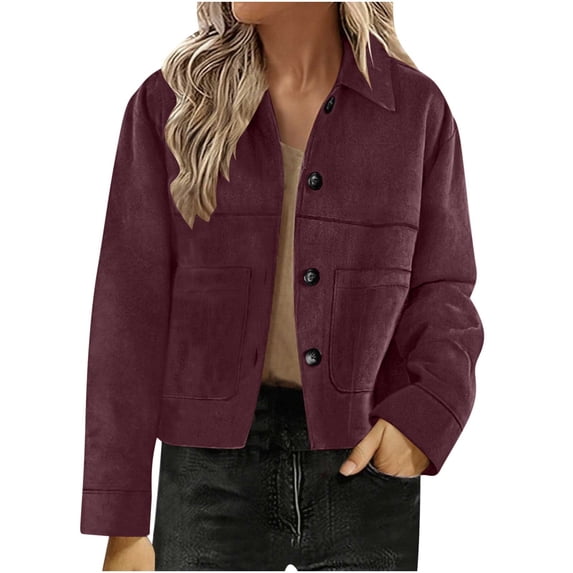 Sahpxhe Cropped Jackets for Women Faux Suede Oversized Collared Button Down Jackets Vintage Long Sleeve Casual Outer Coat Purple M