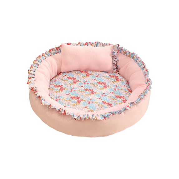 Sahpxhe Cute Dog Bed, Winter Soft Warm Round High Bolster Floral Ruffled Pet Bed With Pillow For Indoor Cats And Small Medium Dogs