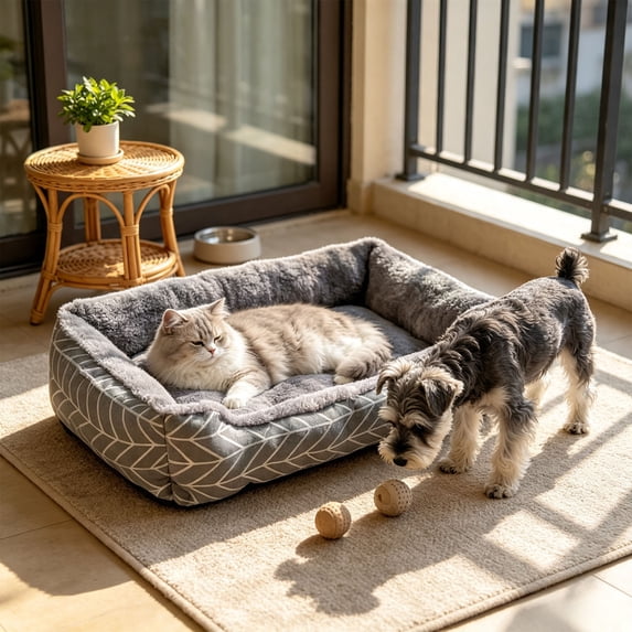 Sahpxhe Dog Bed, Rectangular High Bolster Warm Plush Pet Bed With Geometric Line Print For Indoor Cats And Small Medium Dogs