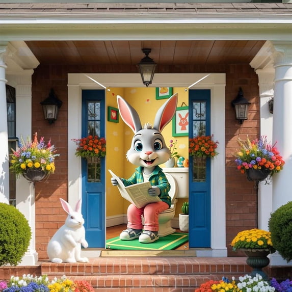Sahpxhe Easter Happy Door Cover, Easter Door Decorative, Cute Rabbit Door Curtain , Spring Porch Outdoor Indoor Party Background Decoration Banner 70.8 x 35.26 inch Multicolor