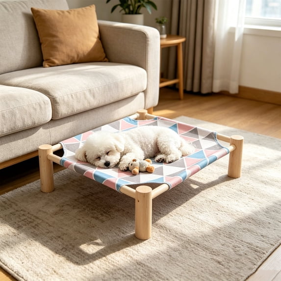 Sahpxhe Elevated Dog Bed With Wooden Frame, Breathable Raised Pet Cot With Removable Fabric Mat For Small Medium Dogs Indoor Sleeping