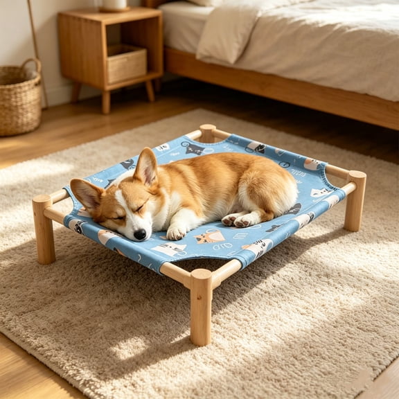 Sahpxhe Elevated Dog Bed With Wooden Frame, Breathable Raised Pet Cot With Removable Fabric Mat For Small Medium Dogs Indoor Sleeping