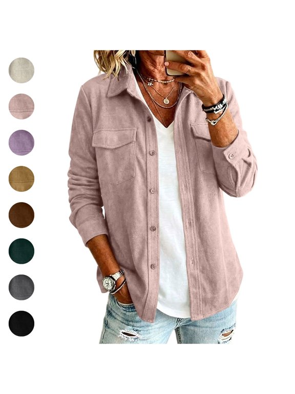 Fall Jacket Womens Faux Suede Long Sleeve Collared Button Down Shacket with Dual Chest Pockets Casual Vintage Tops Pink M