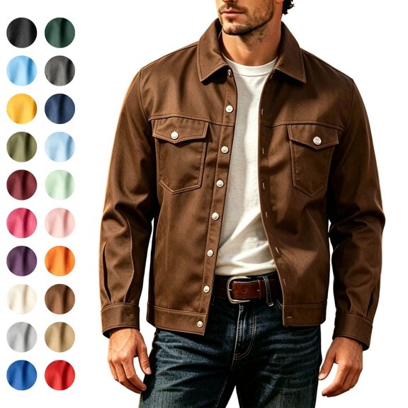 Sahpxhe Fall Jackets Men Snap Button Down Collared Long Sleeve Western Trucker Coat with Multi Pockets Trendy Outerwear Coffee XXL