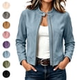 thumbnail image 1 of Sahpxhe Fall Jackets for Women Faux Suede Zip Up Stand Collar Long Sleeve Cropped Jacket Casual Comfy Outerwear Streetwear Light Blue XXL, 1 of 10