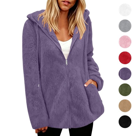 Sahpxhe Fleece Jacket Women Winter Fuzzy Zip Up Drawstring Hooded Long Sleeve Jacket Lightweight Warm Outerwear Clothes Purple XXL