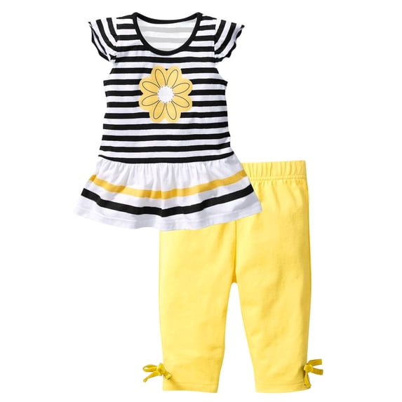 Sahpxhe Girls 2 Piece Striped Set Ruffle Flutter Sleeve Crew Neck Tunic Top & Capri Pants Summer Little Girls Outfits Black 4-5 Years