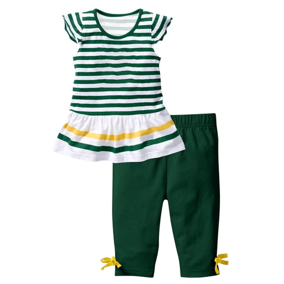 Sahpxhe Girls 2 Piece Striped Set Ruffle Flutter Sleeve Crew Neck Tunic Top & Capri Pants Summer Little Girls Outfits Green 4-5 Years